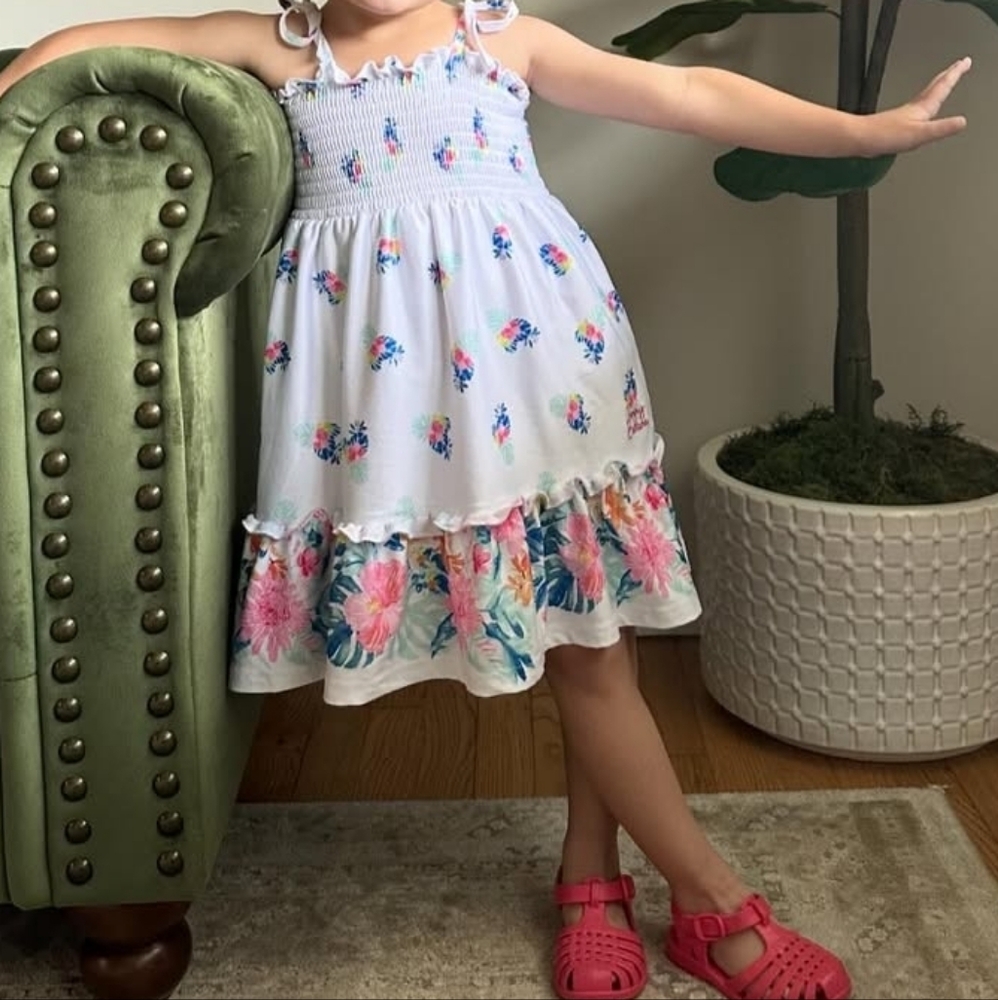 Tommy Bahama 2T Floral Smocked‎  Sundress White Pink Spring Tie Strap